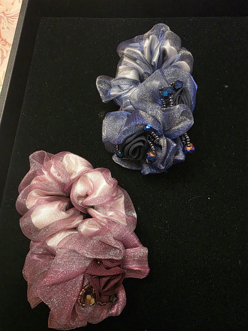 Shimmery Pink and Blue Floral Bead Scrunchie Duo - Women's Hair Accessories